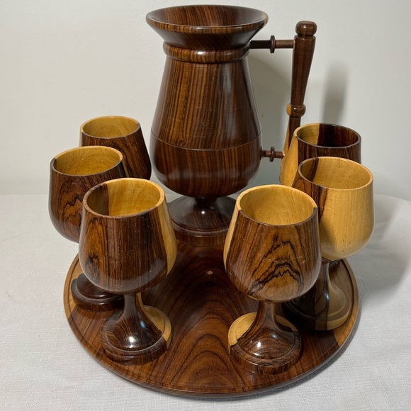Handmade Other - 6 WOODEN GLASSES, PITCHER, & SAUCER HAND MADE, NEW. Set.
